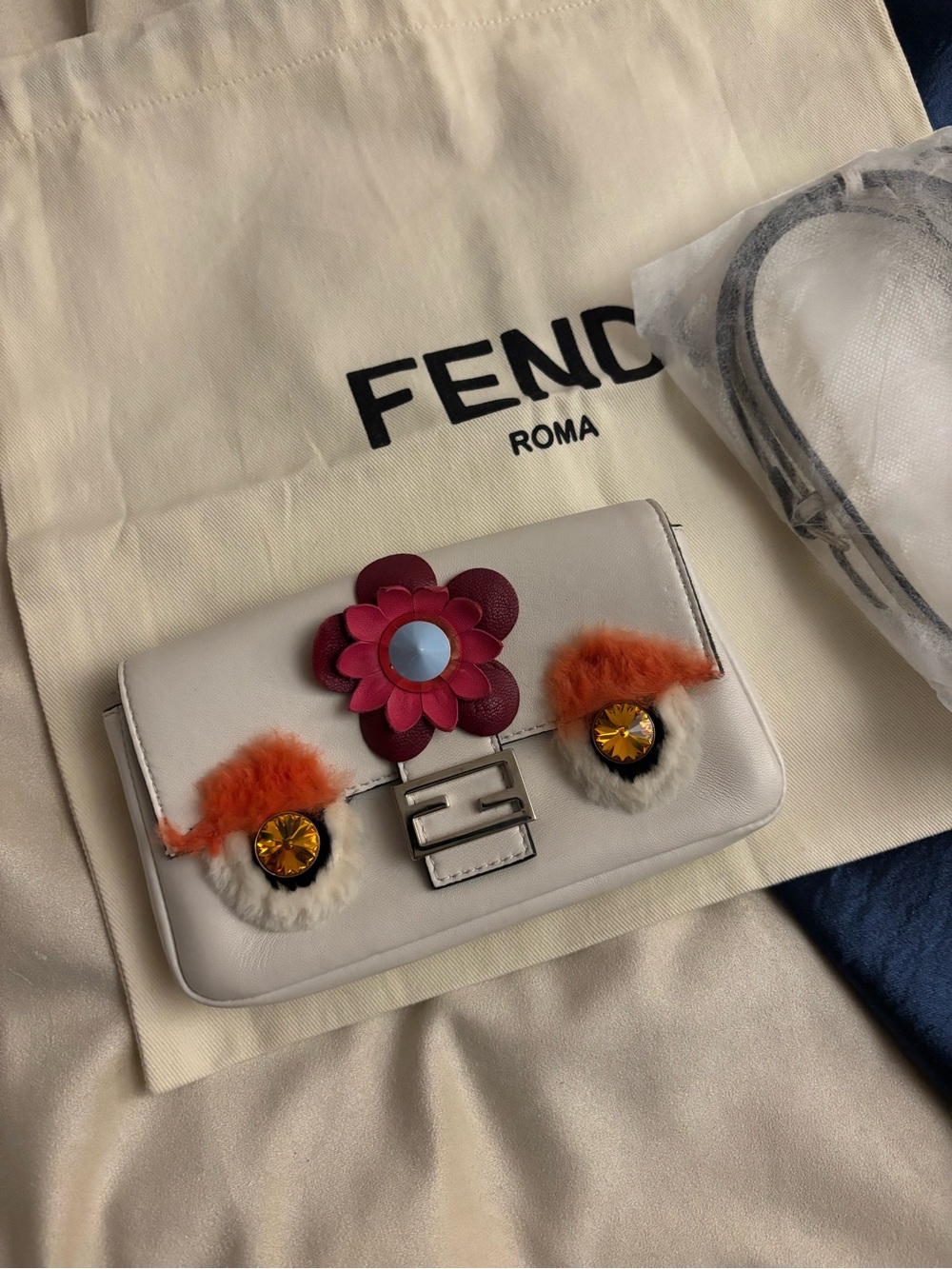 Fendi White Mini Bag with Pink Flower & Orange Fur Accents Monsters Baguette